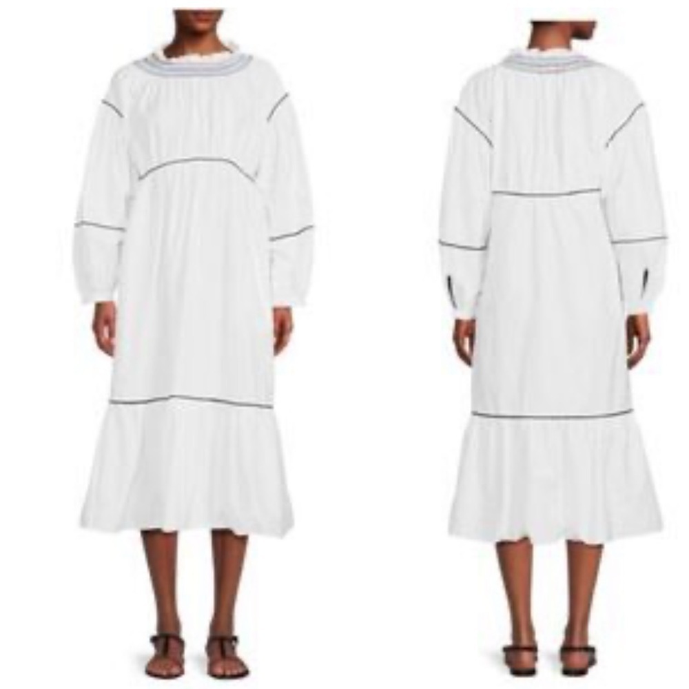 Something Navy Women's Smocked White Puffed Sleeve MIDI Dress  NWT